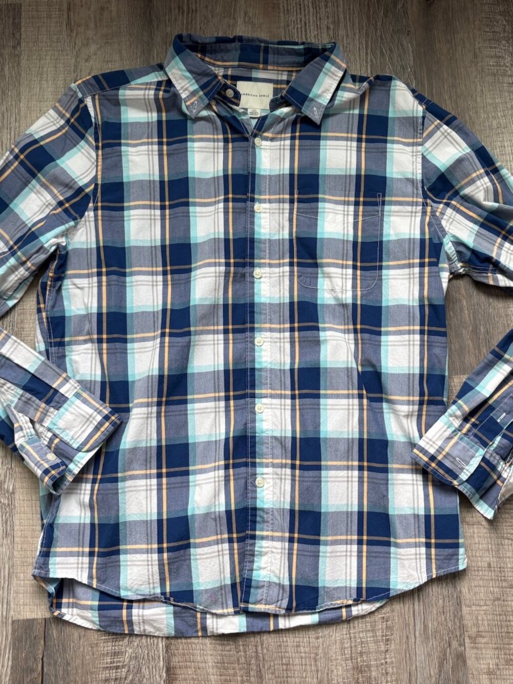 American Eagle AEO Mens Button Down Collared Shirt Size L Blue Plaid